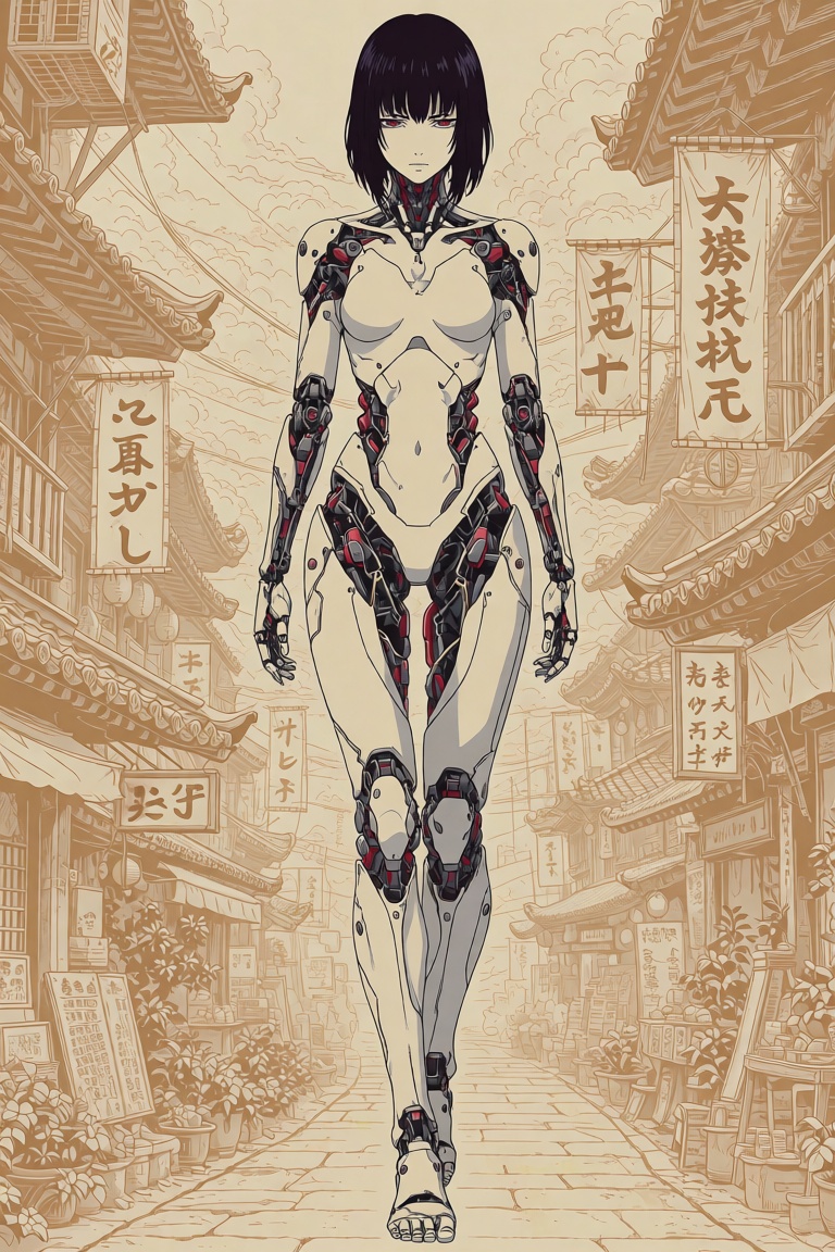 oumvect4or,  Anime psychotic female cyborg wired in convulsion solarcity background,  traditional style on Tensor.Art