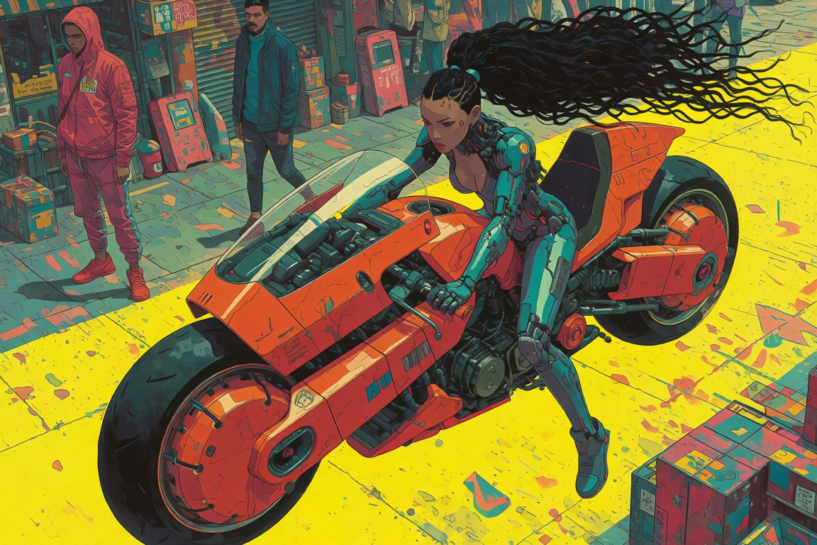 oumvect4or,  a cyborg woman with curves in the right places with long exuberant cyberpunk hair on a scifi motorcycle,  in...