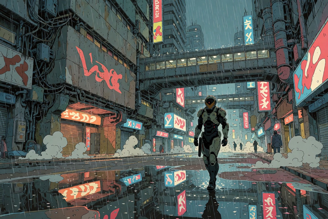 oumvect4or,  A lone futuristic enforcement operative walking through a deserted Neo Tokyo entertainment district during he...
