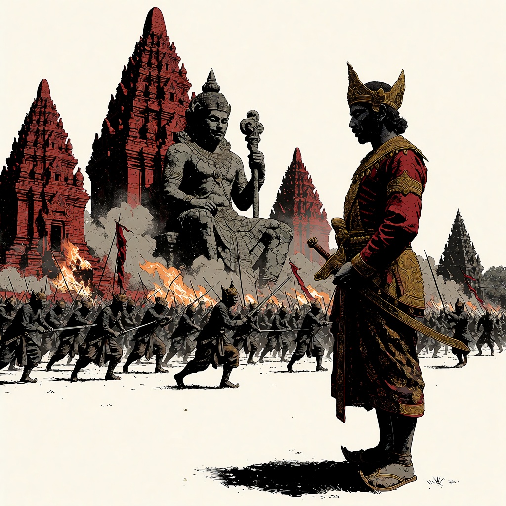 oumvect4or,  signature Majapahit Saga temple battlefield,  Javanese King standing in foreground with keris lowered on Tens...