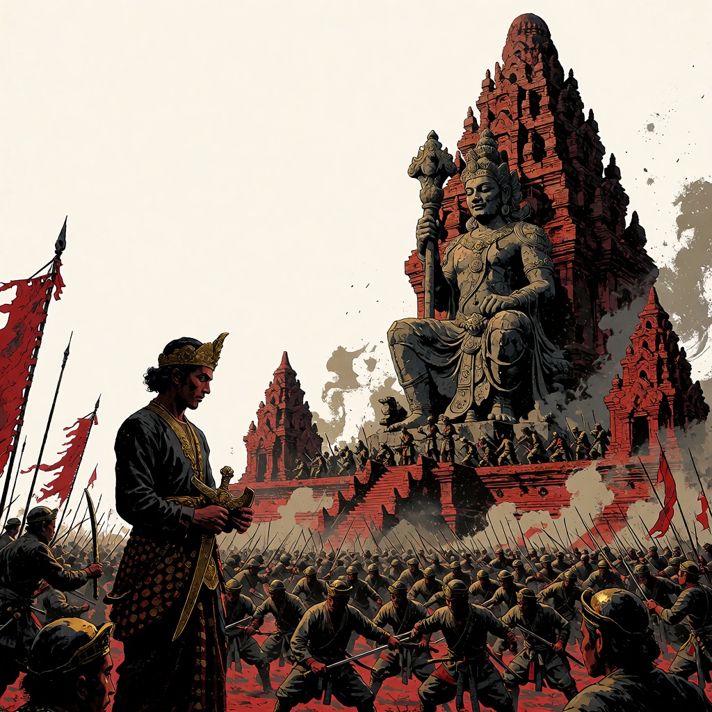 oumvect4or,  signature Majapahit Saga temple battlefield,  KING standing in foreground with keris lowered on Tensor.Art