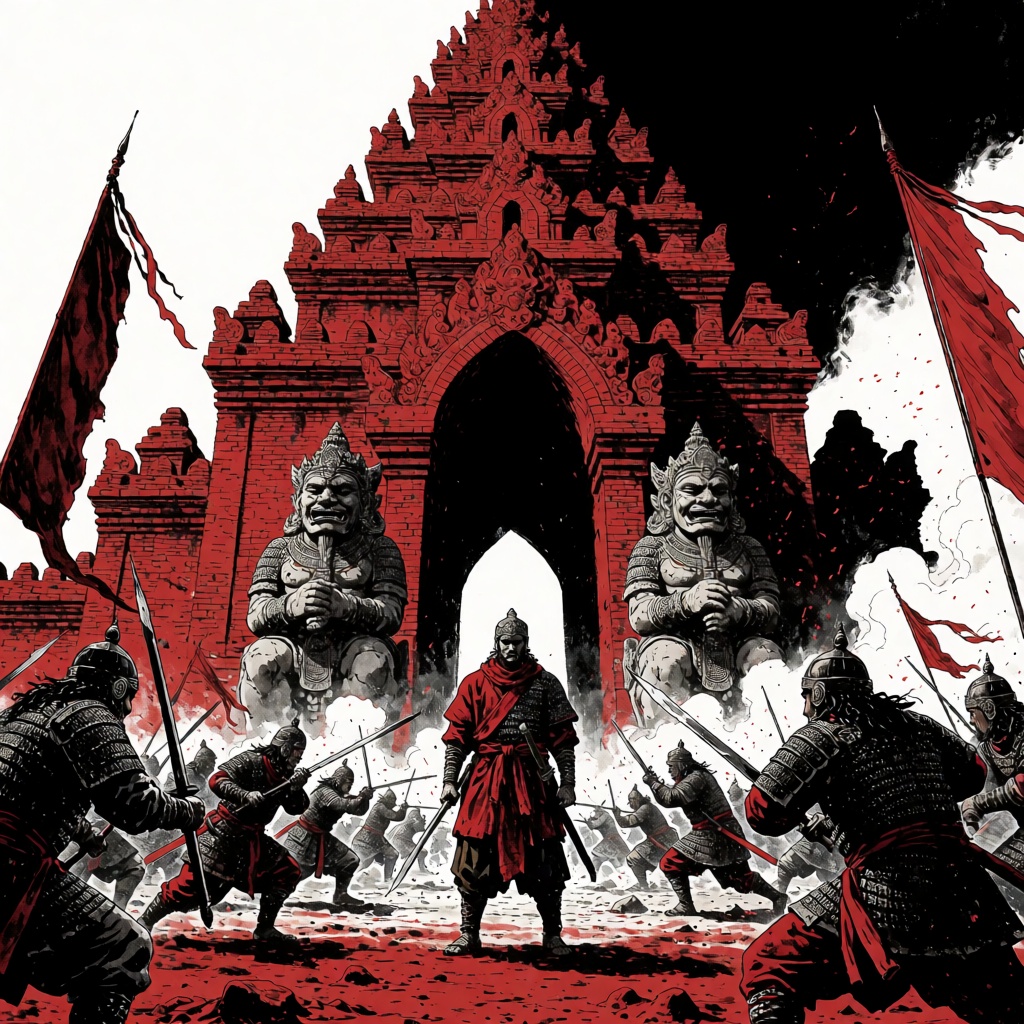 oumvect4or,  Majapahit Saga temple battlefield,  SAKA standing before a colossal red brick temple gate as warriors clash a...