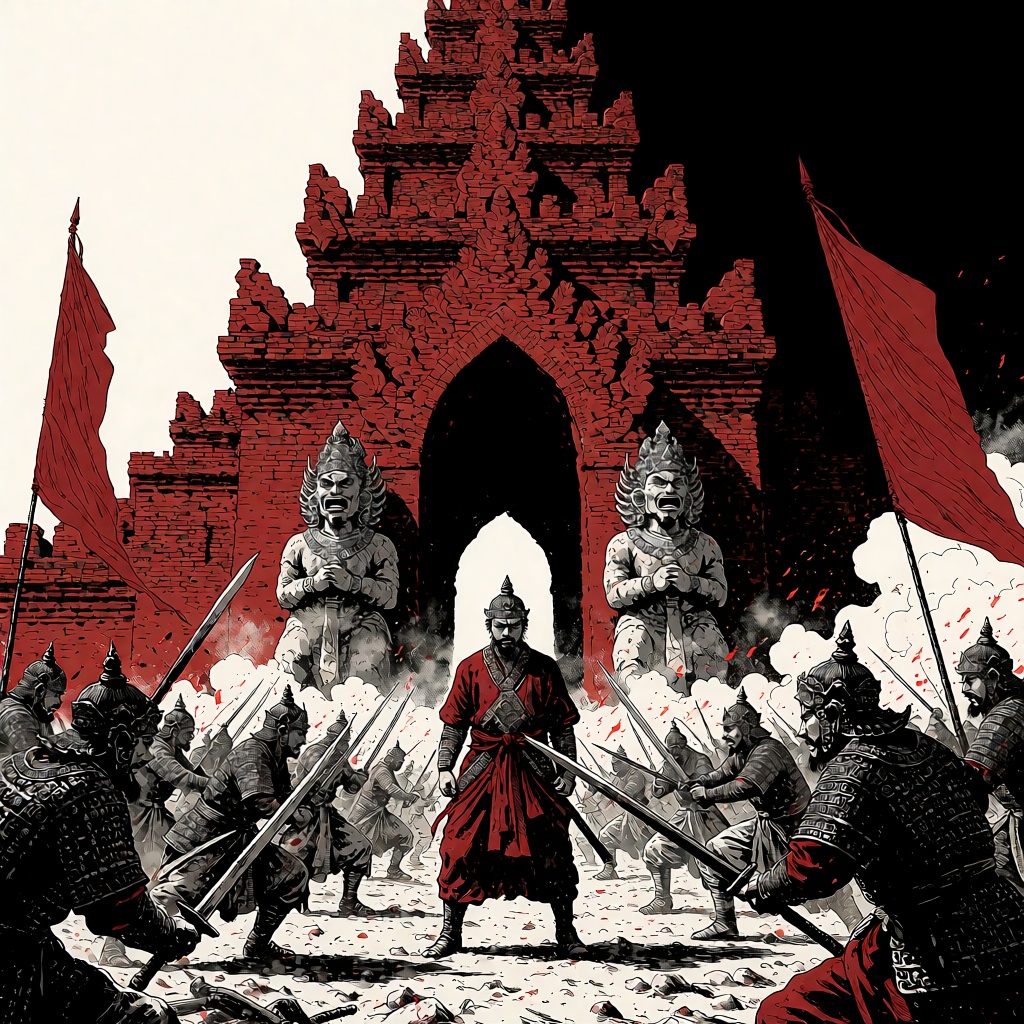 oumvect4or,  Majapahit Saga temple battlefield,  SAKA standing before a colossal red brick temple gate as warriors clash a...