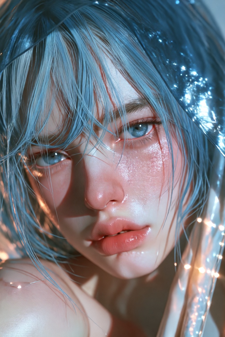 this is a highly detailed,  close-up photograph of a young woman with light blue,  wet-looking hair that has strands parti...