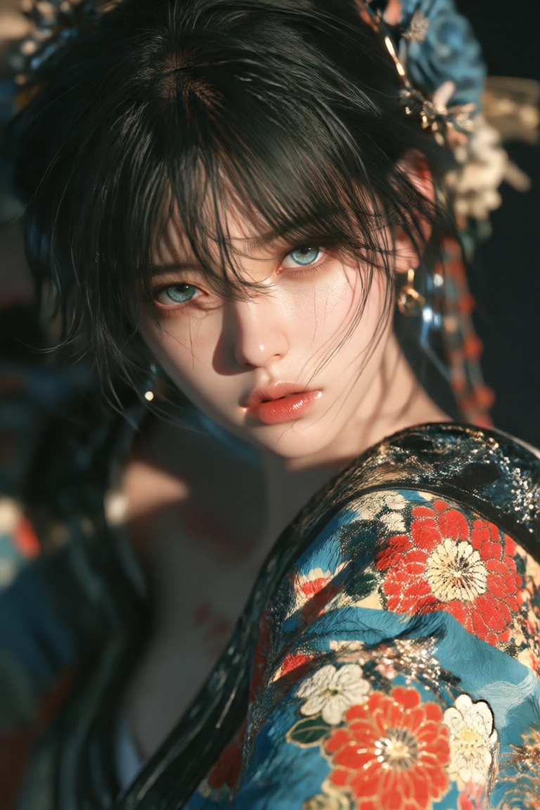 photograph of a young asian woman with pale skin and striking blue-green eyes,  gazing directly at the camera with a sligh...