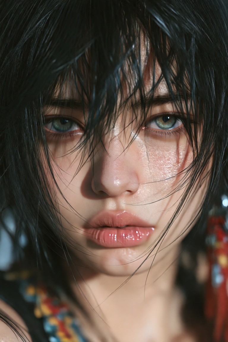 this is a hyper-realistic digital portrait of a young woman with east asian features,  focusing on her face,  she has wet...