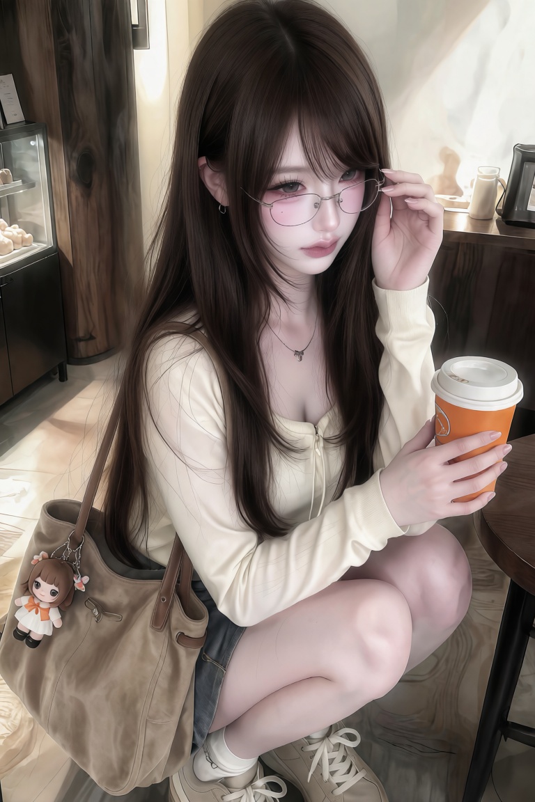 Medium shot of a young woman. Angle: Three-quarter side angle. Pose: Crouching down while holding an orange takeaway coffe...