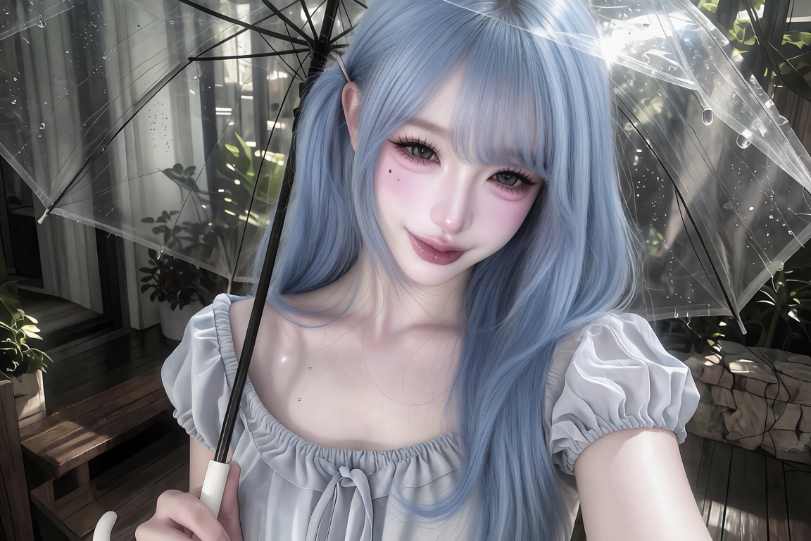 Close-up selfie of a young woman. Angle: High-angle shot through a rain-streaked umbrella. Pose: Holding a transparent umb...