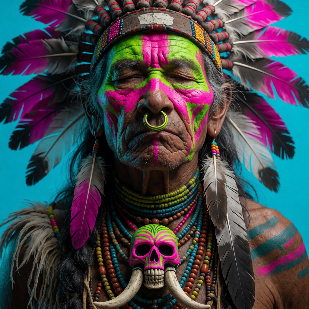 oumvect4or,  A highly detailed portrait of an elderly indigenous man with weathered skin,  his face intricately painted wi...