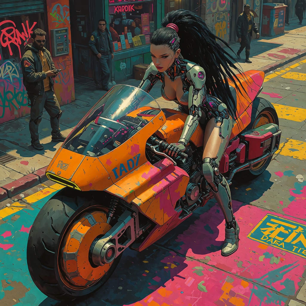 oumvect4or,  a cyborg woman with curves in the right places with long exuberant cyberpunk hair on a scifi motorcycle,  in...