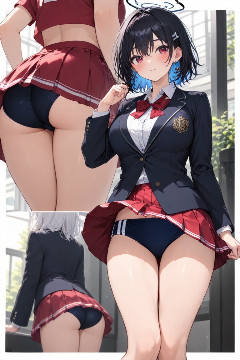 Blazer uniform,  high-quality dark navy blazer,  red pleated skirt. on Tensor.Art