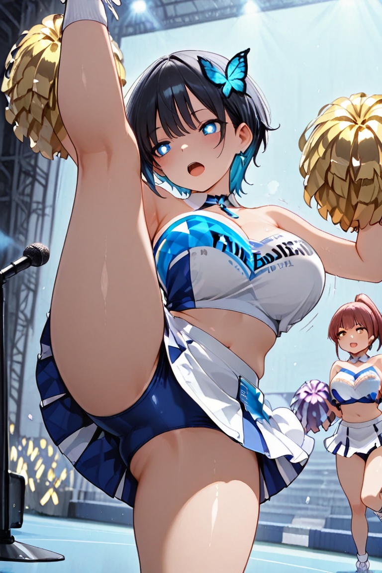 BURUMA under the skirt,  Beautiful blue cheerleaders,  Luminous Engraving on Tensor.Art