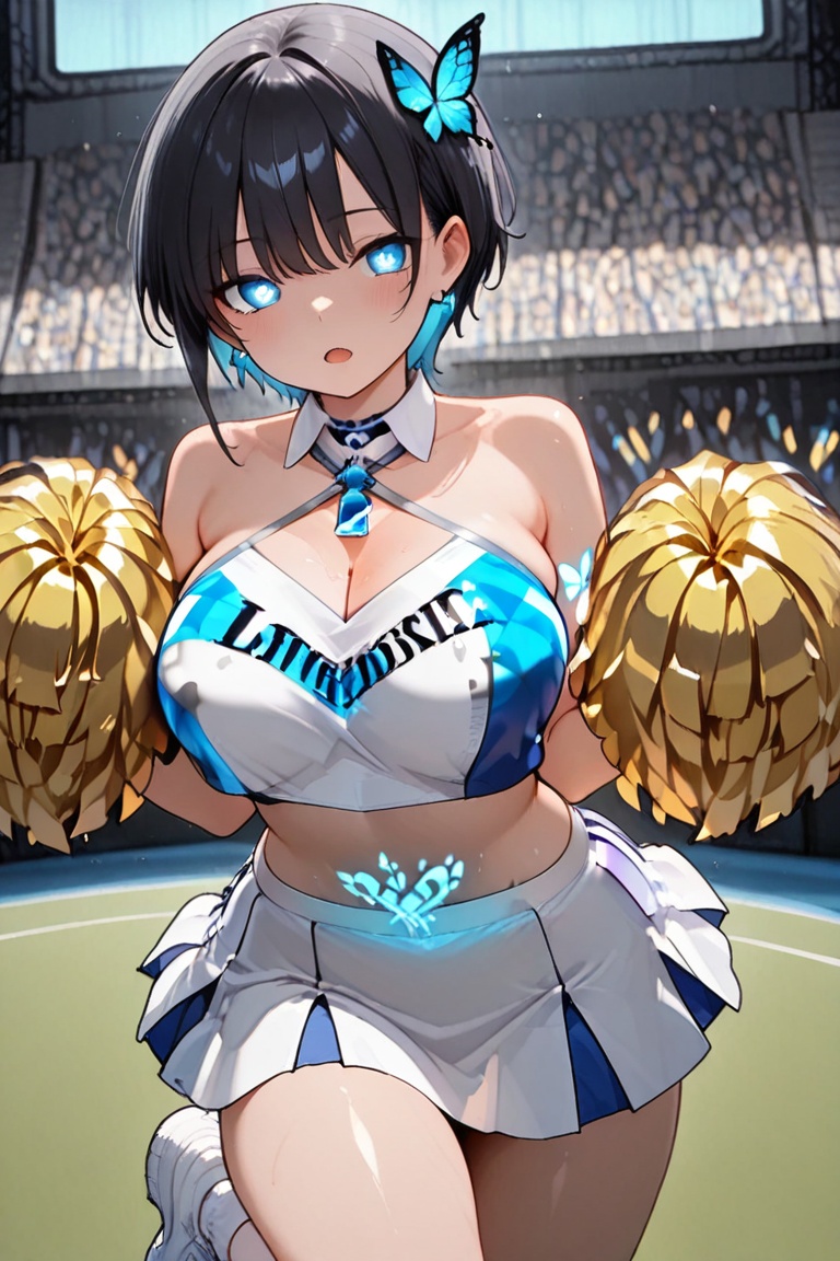 BURUMA under the skirt,  Beautiful blue cheerleaders,  Luminous Engraving on Tensor.Art