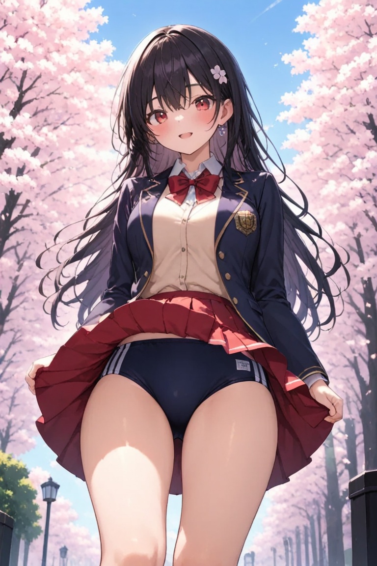 Blazer uniform,  high-quality dark navy blazer,  red pleated skirt. on Tensor.Art