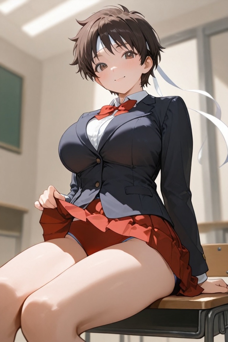 Blazer uniform,  high-quality dark navy blazer,  red pleated skirt. on Tensor.Art