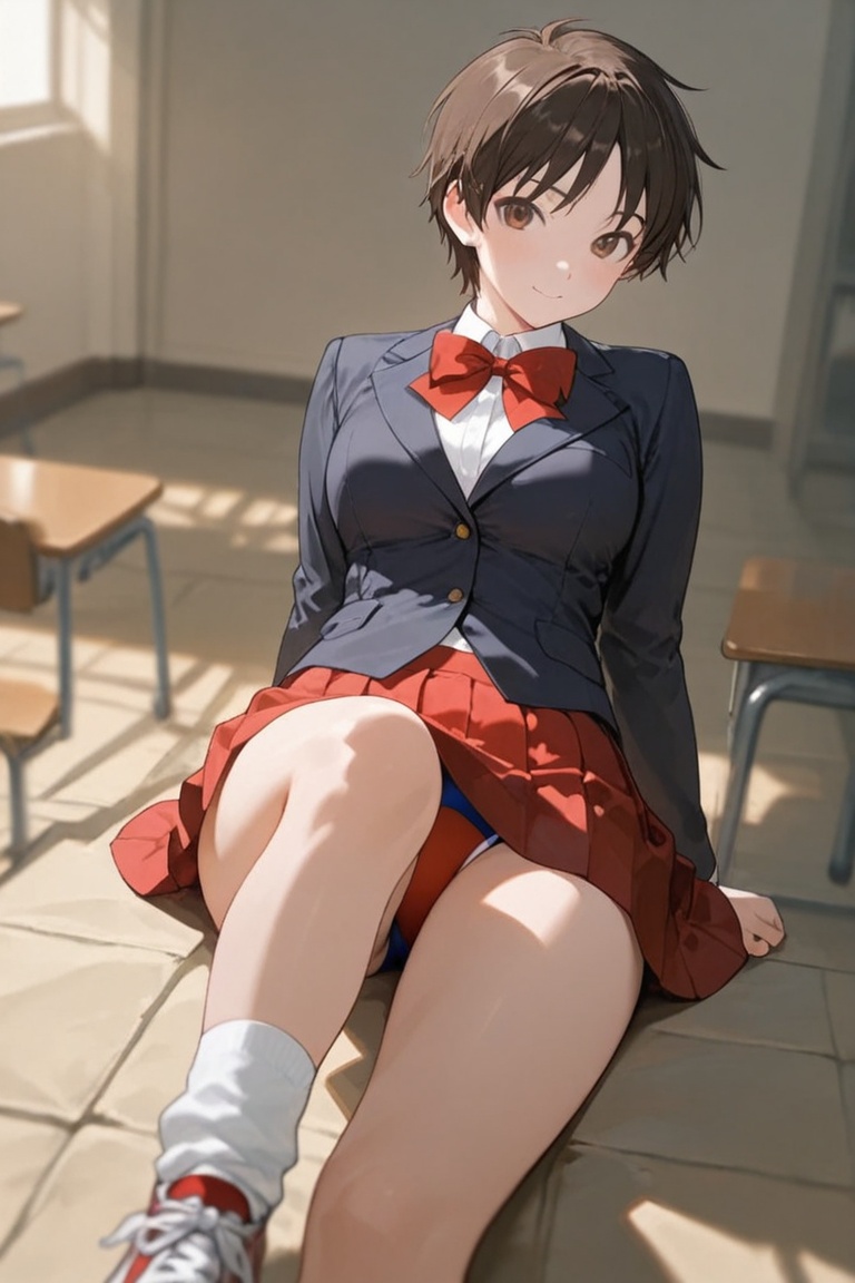 Blazer uniform,  high-quality dark navy blazer,  red pleated skirt. on Tensor.Art