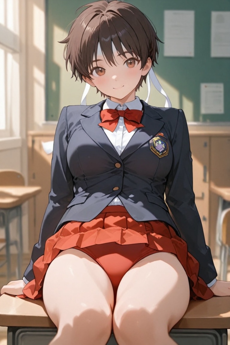 Blazer uniform,  high-quality dark navy blazer,  red pleated skirt. on Tensor.Art