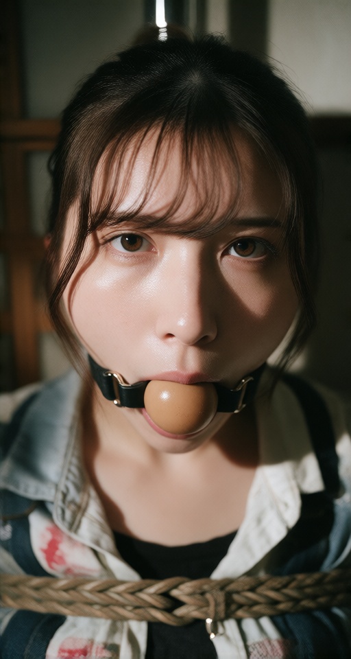 創作一個逼真的室內場景,  場景中只有一位棕色短髮、棕色眼睛的女孩。她被綁住並塞住嘴,  口中塞有球形口塞 on Tensor.Art