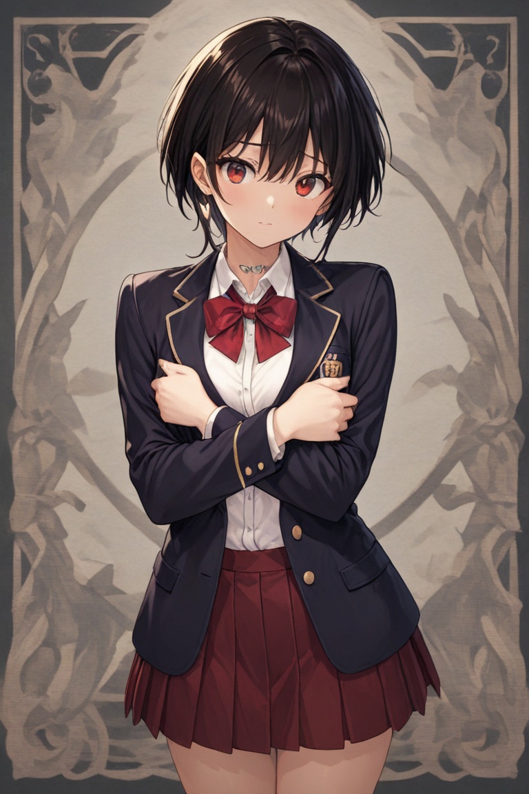Blazer uniform,  high-quality dark navy blazer,  red pleated skirt. on Tensor.Art