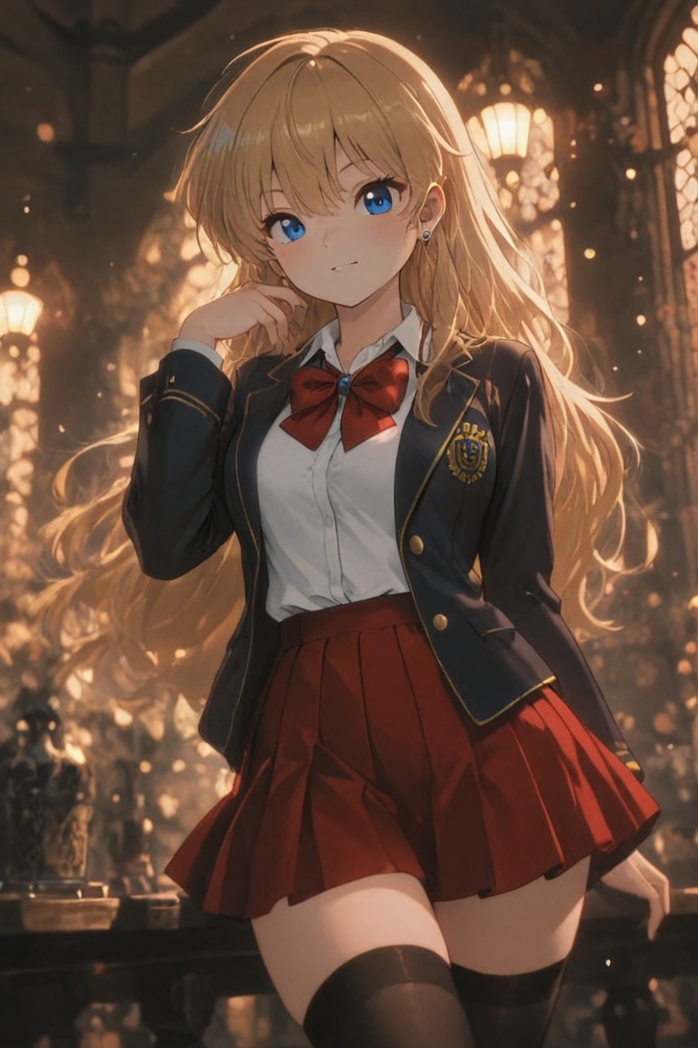 Blazer uniform,  high-quality dark navy blazer,  red pleated skirt. on Tensor.Art