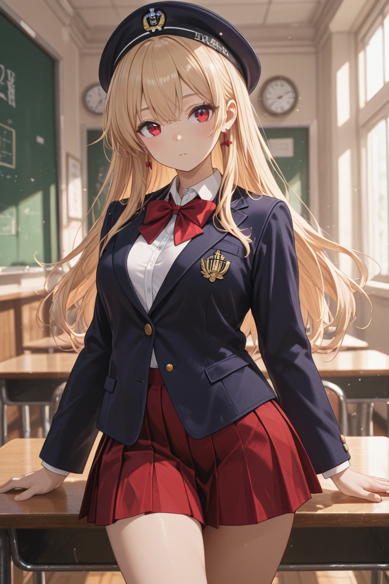 Blazer uniform,  high-quality dark navy blazer,  red pleated skirt. on Tensor.Art