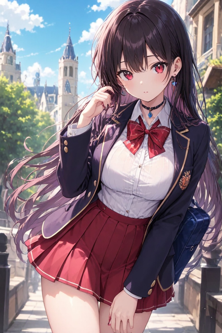 Blazer uniform,  high-quality dark navy blazer,  red pleated skirt. on Tensor.Art