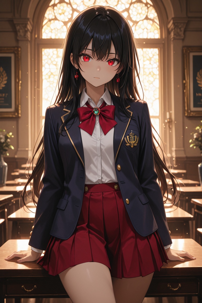 Blazer uniform,  high-quality dark navy blazer,  red pleated skirt. on Tensor.Art