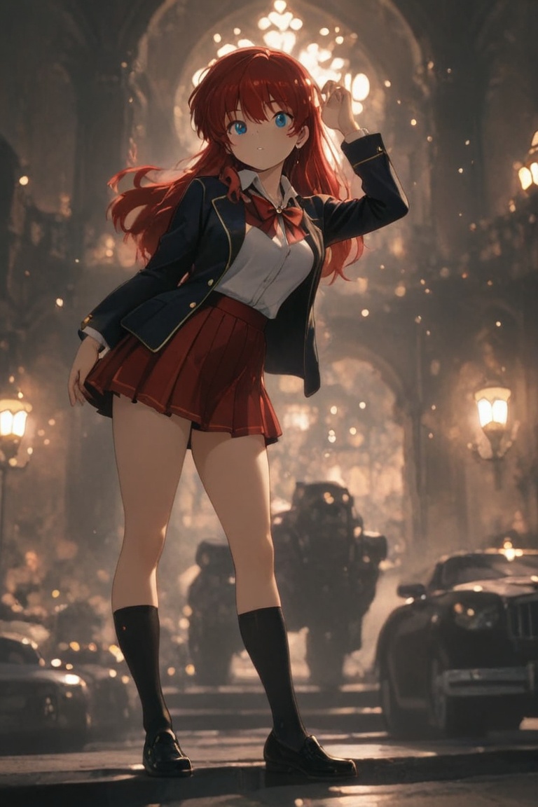 Blazer uniform,  high-quality dark navy blazer,  red pleated skirt. on Tensor.Art