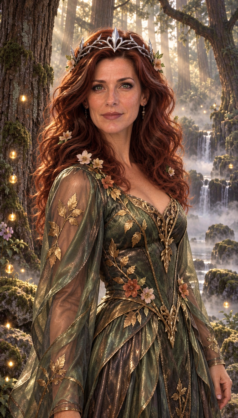 Kira Verus,  maintaining her distinctive mature facial identity and green-gray eyes,  portrayed as an elegant forest queen...