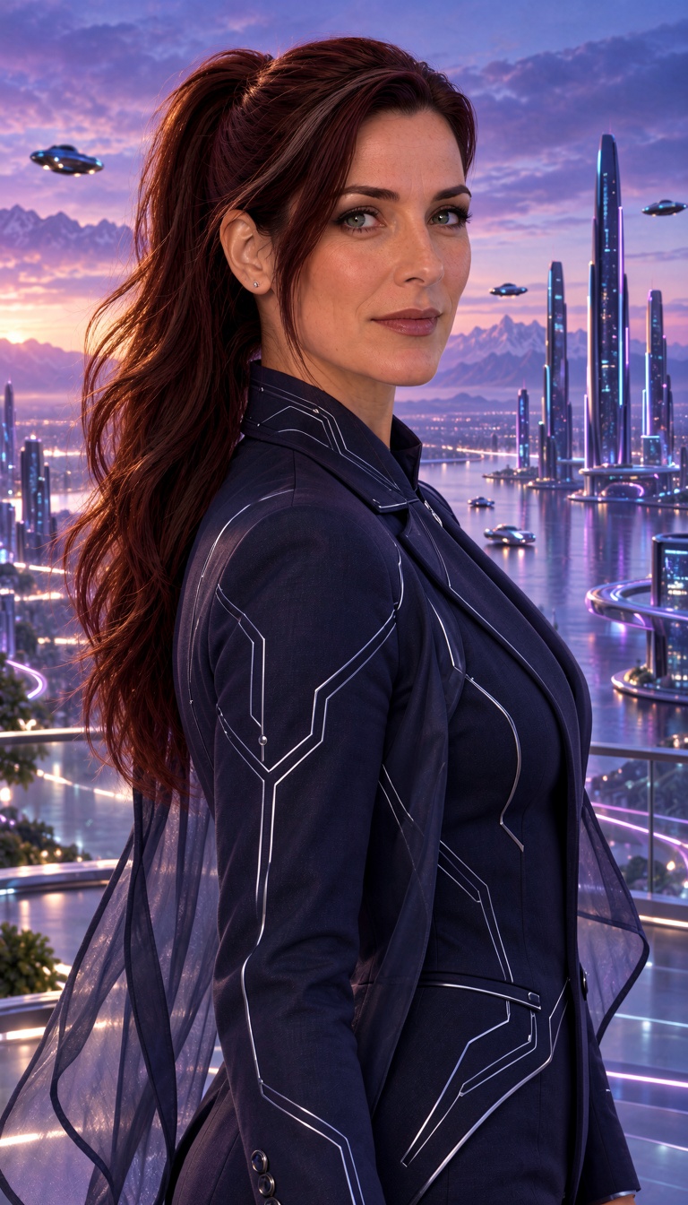 Kira Verus,  a charismatic mature woman with her established facial identity,  green-gray eyes and realistic skin texture...
