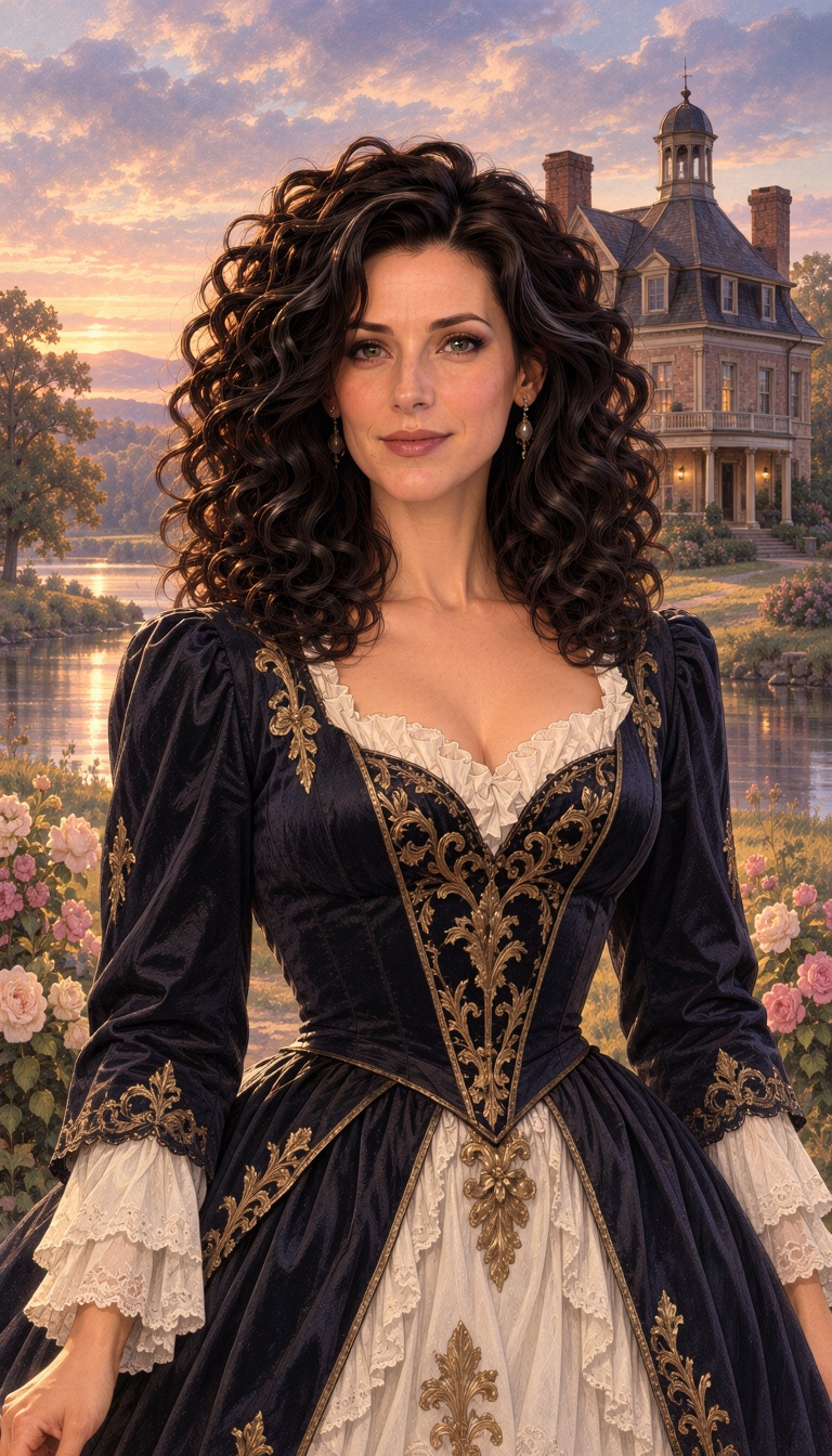 Kira Verus,  stunning victorian dress,  breathtaking super beauty long curly black color hairstyle on Tensor.Art