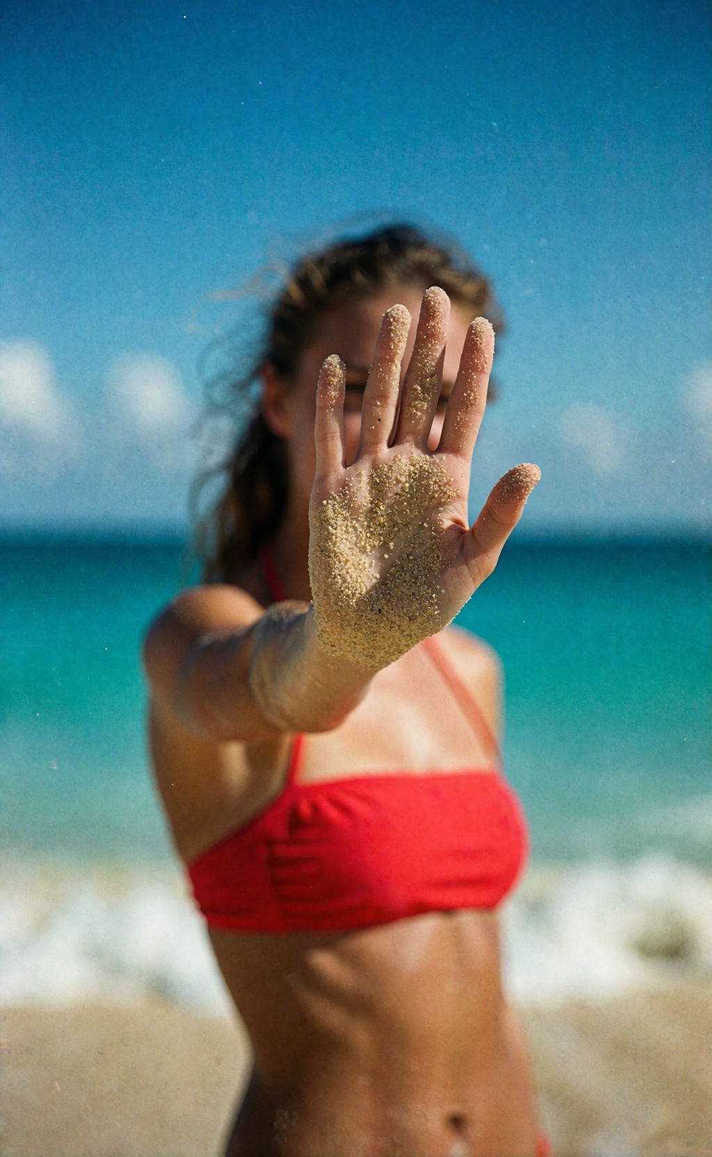 This reads like a bright 85mm analogue beach portrait,  shot on a Canon 5D Mark III with the color of Kodak Portra 400 — t...
