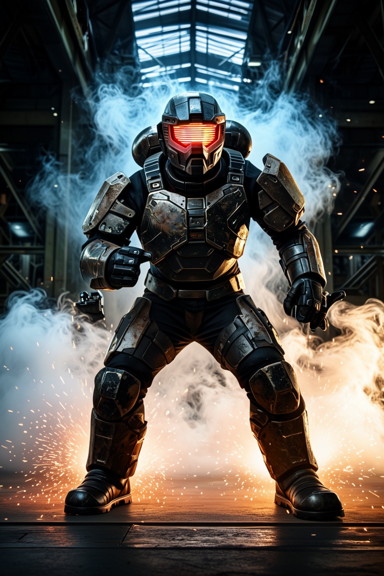 Sci-fi space marine cosplay,  bulky battle-worn armor,  LED visor on Tensor.Art