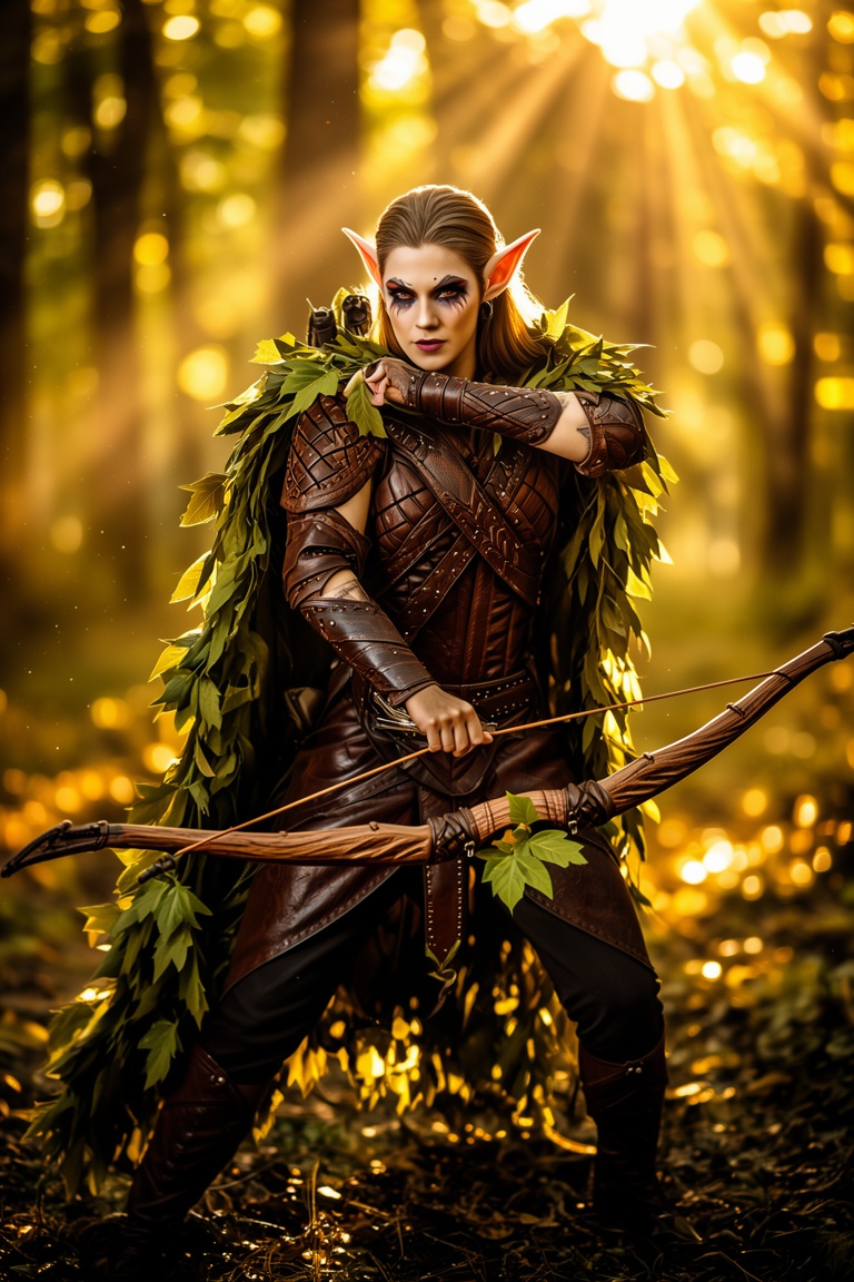 Elven ranger cosplay,  intricate leather armor,  leafy cloak on Tensor.Art
