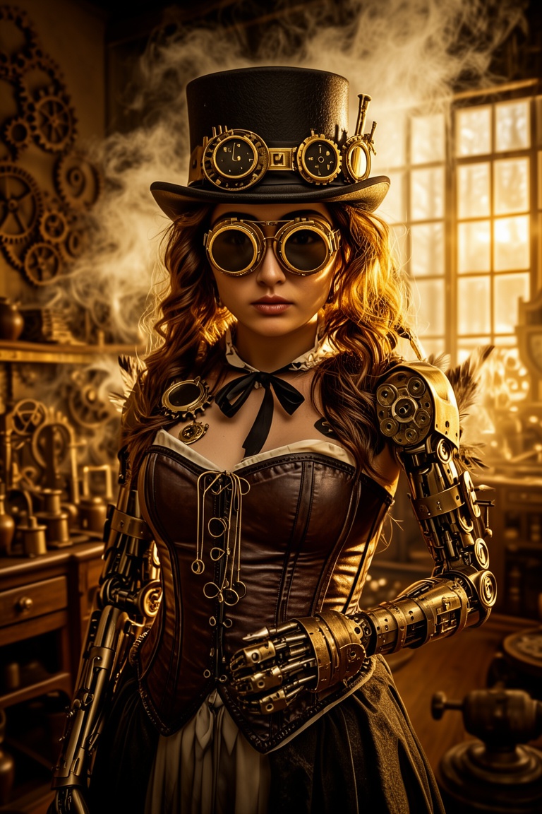 Steampunk cosplayer,  brass goggles,  corset on Tensor.Art