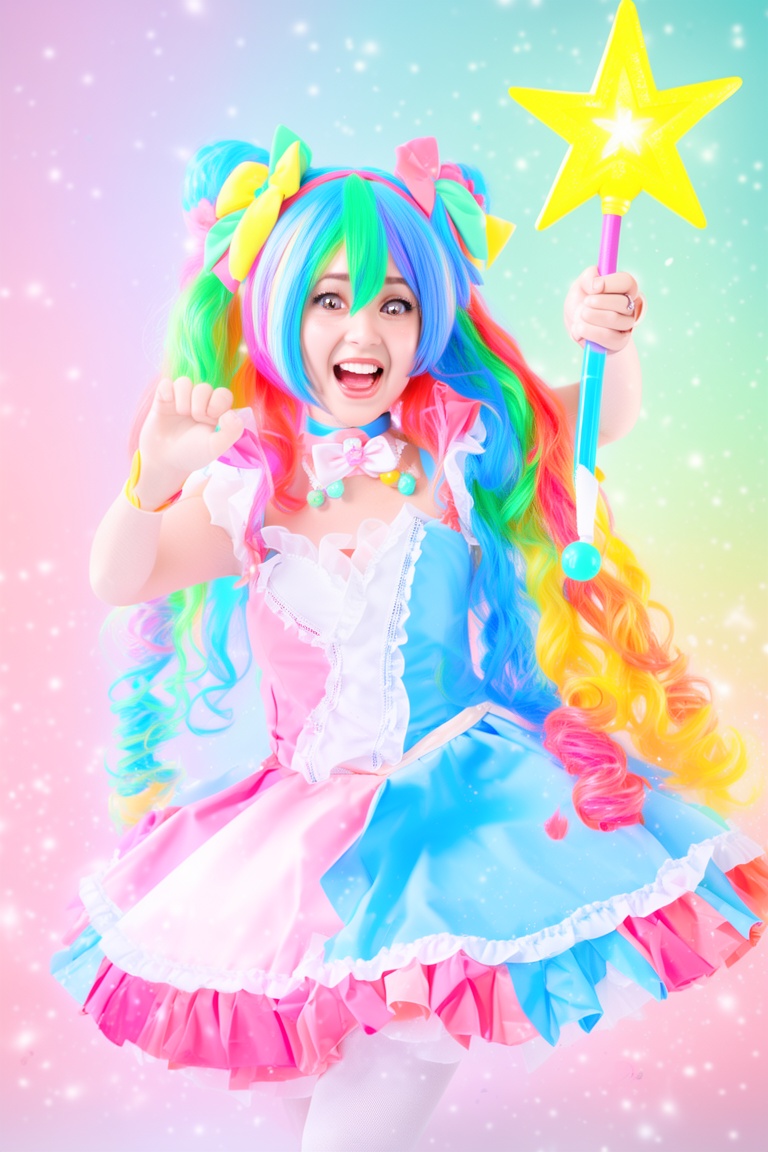 Anime magical girl cosplay,  colorful wig,  frilly dress on Tensor.Art