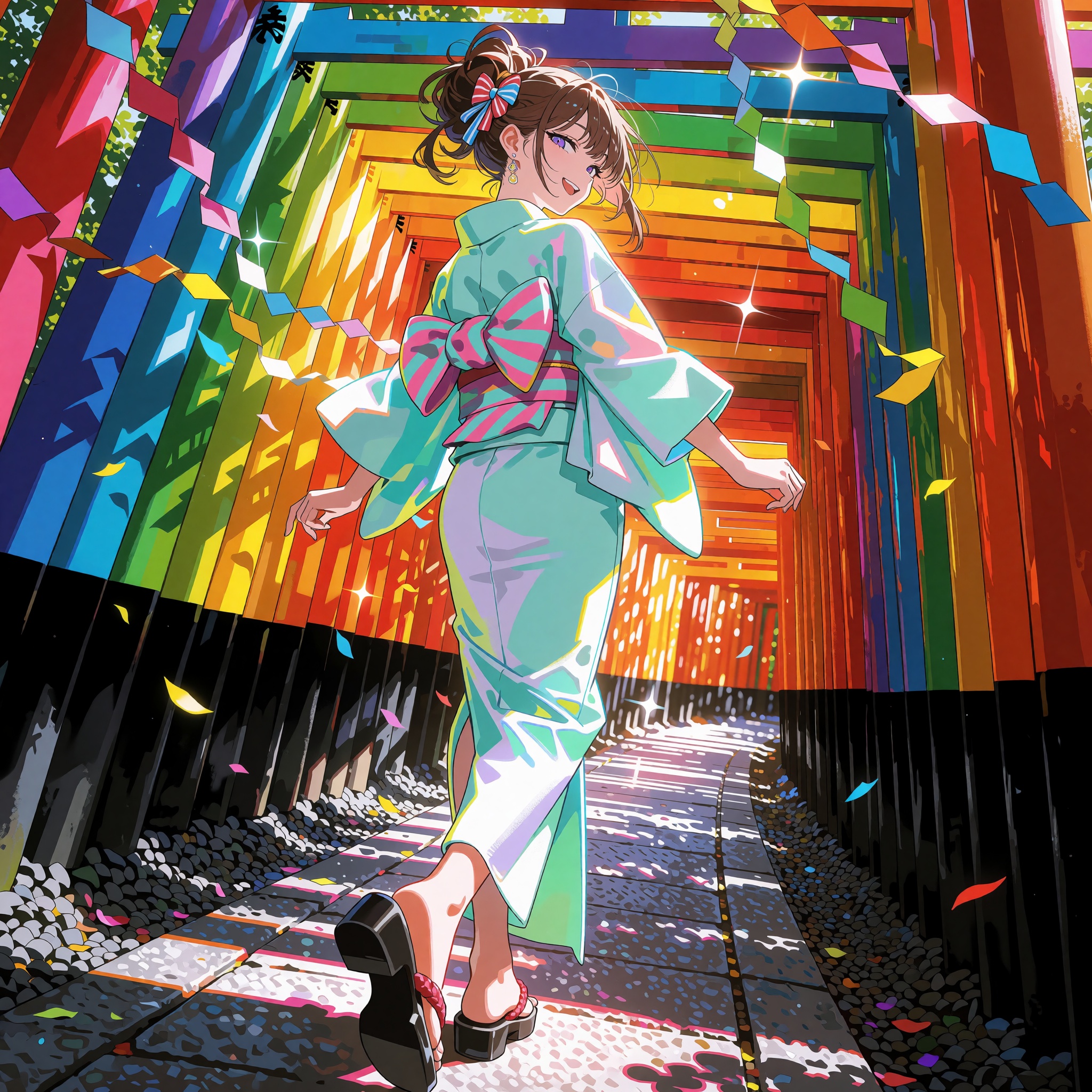 An ***** anime woman in a loosely tied mint-and-white yukata with a candy-striped obi and ribboned messy bun walks mid-str...