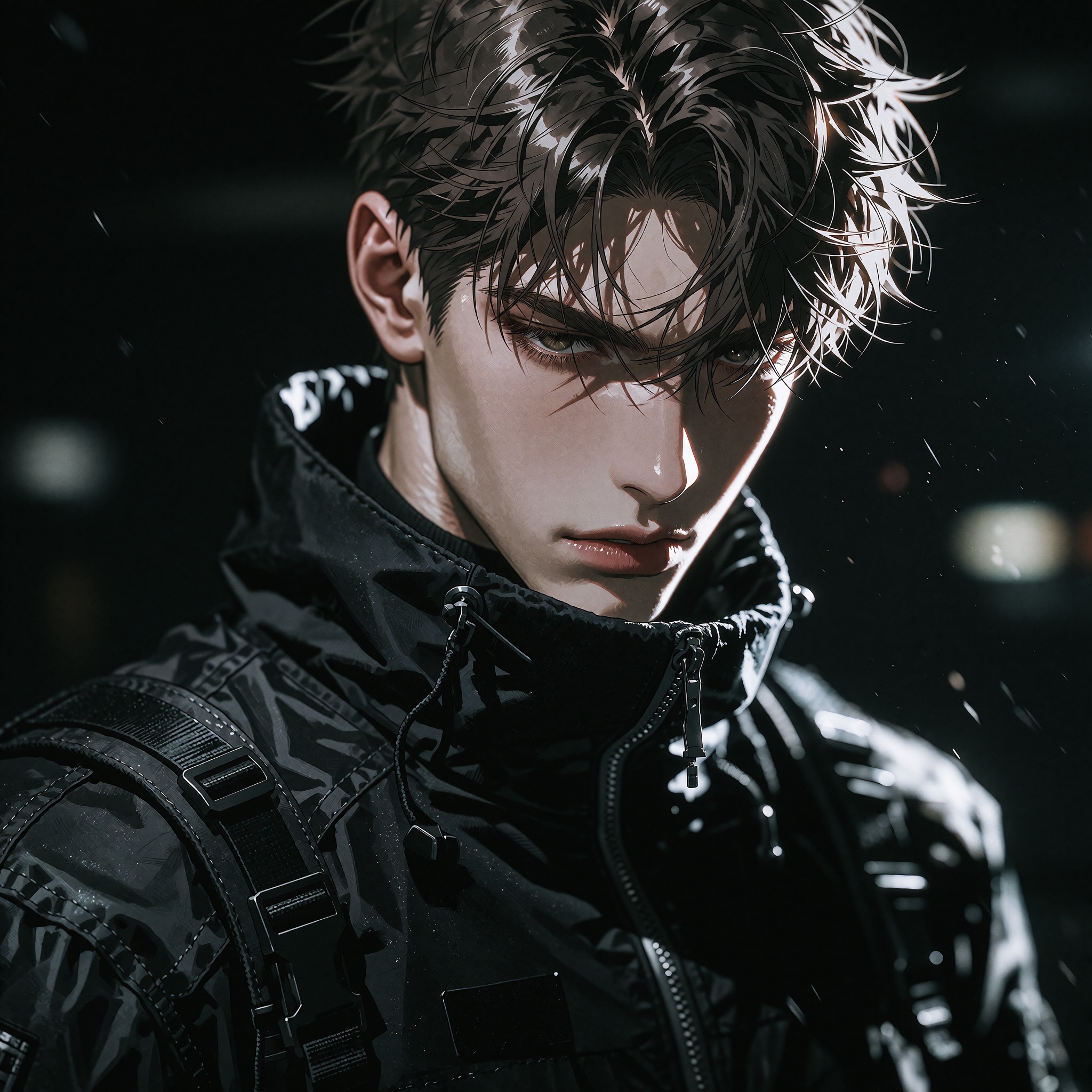 A strikingly handsome young man with a sharp jawline and fair skin stares intensely at the viewer. He has short,  messy,...