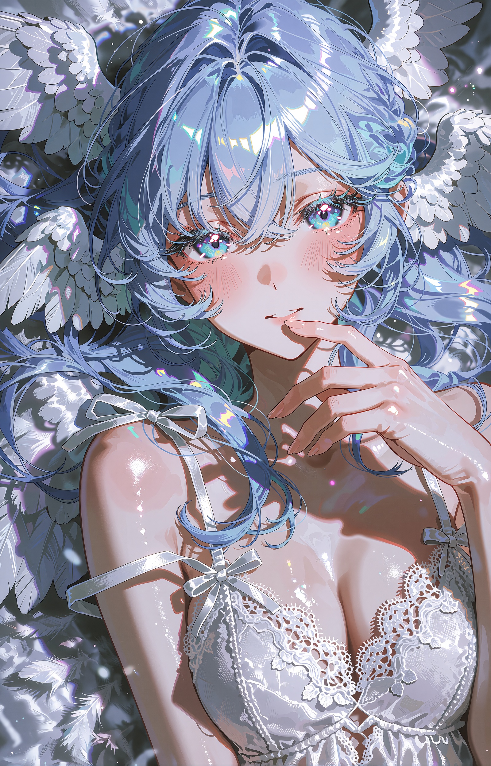 A vertical close-up anime portrait of an angelic ***** woman reclining against a bed of luminous white feathers,  framed f...