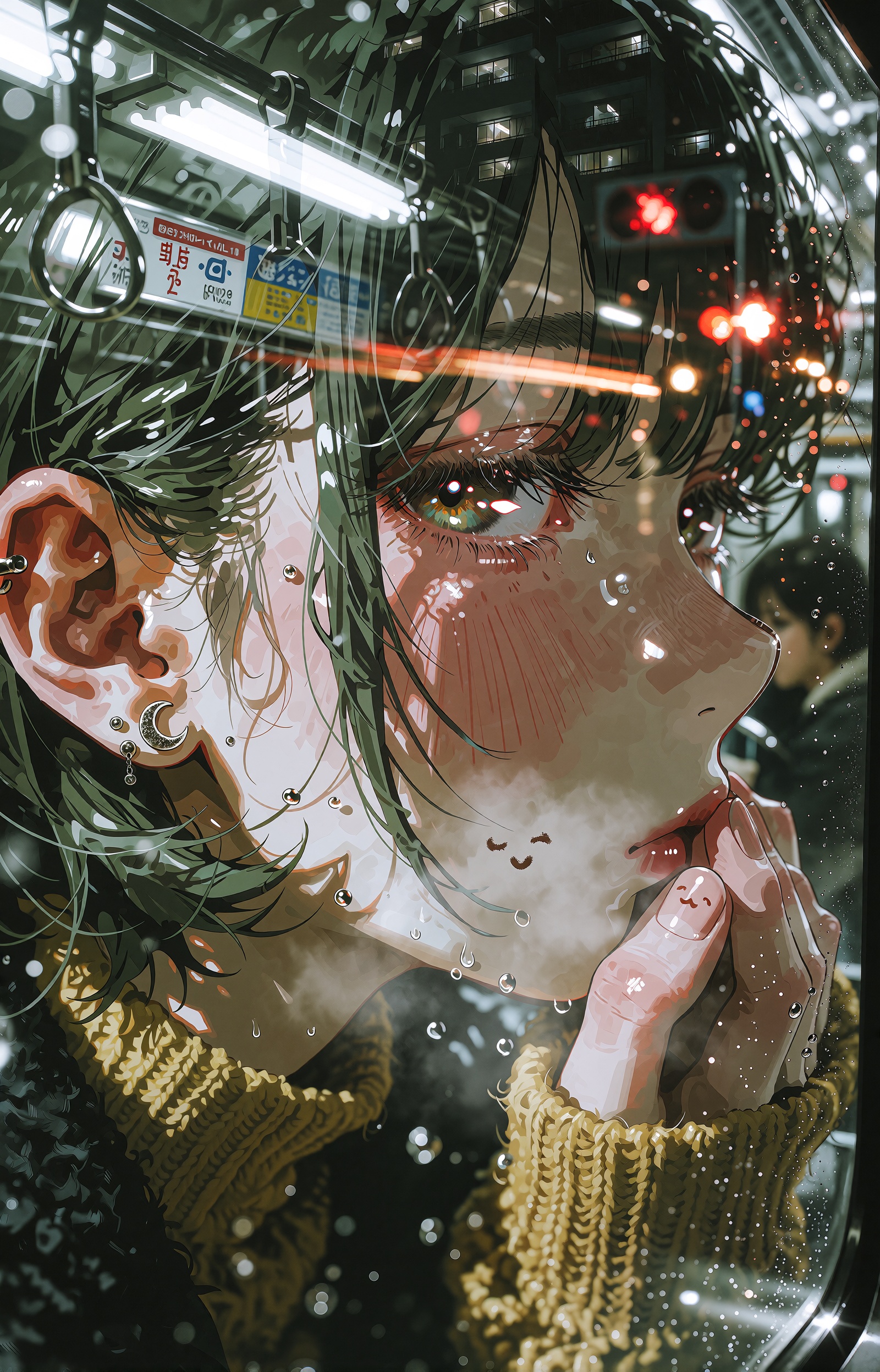 An extreme macro anime illustration focusing entirely on the face of an ***** woman pressing her cheek against the cold gl...