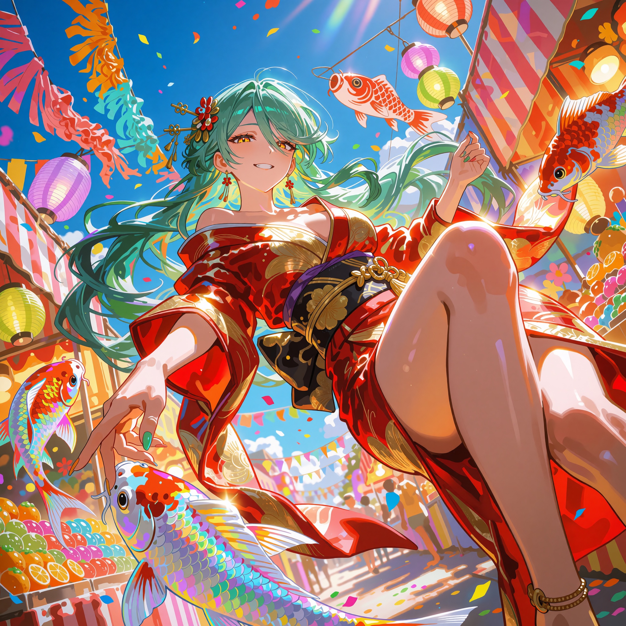 A confident ***** anime woman with long flowing teal hair and golden kanzashi hairpins floats mid-air above a sun-drenched...