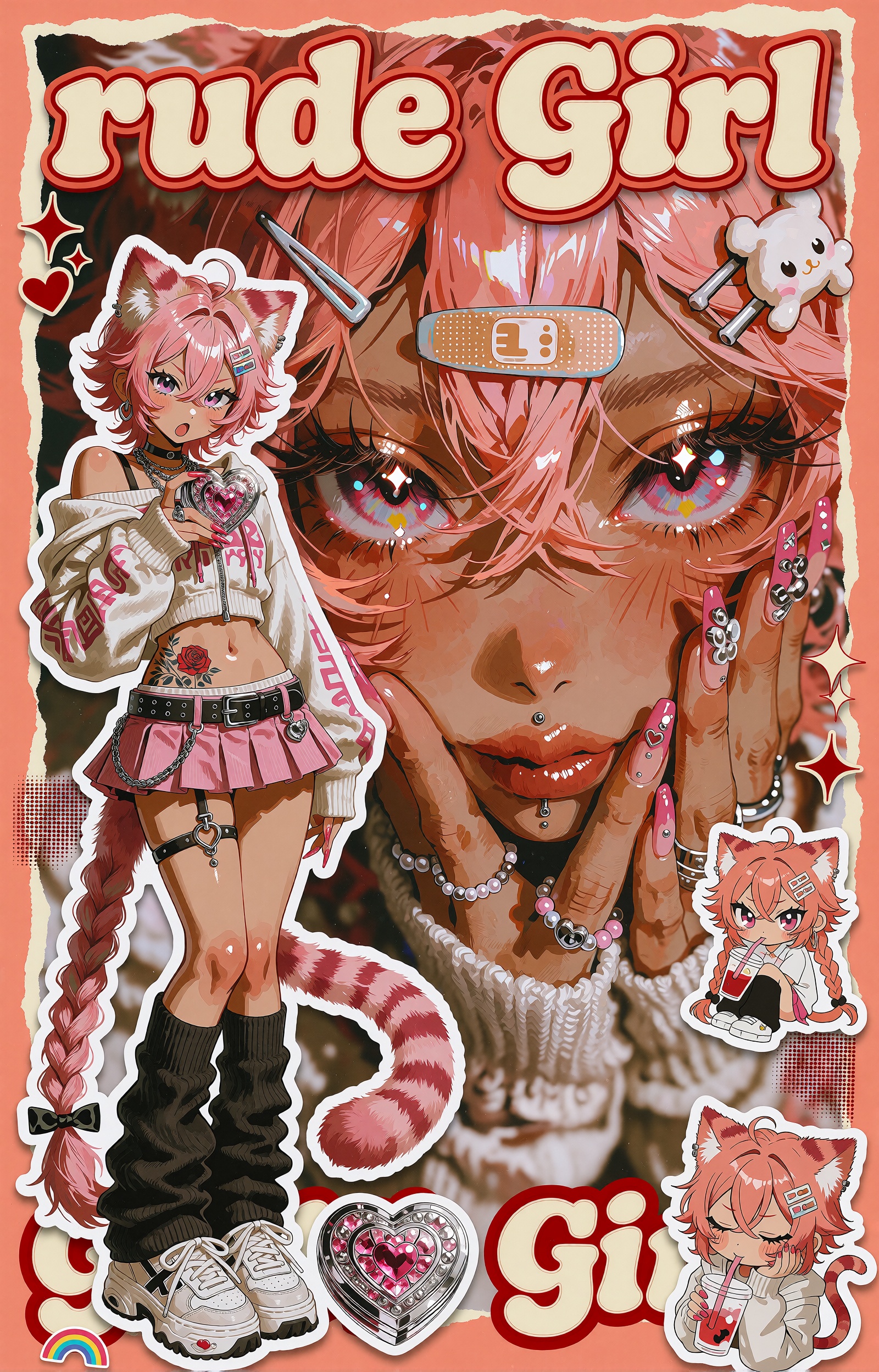 A vertical retro-pop anime sticker-collage poster on a peach-coral background framed by torn cream paper edges. The domina...