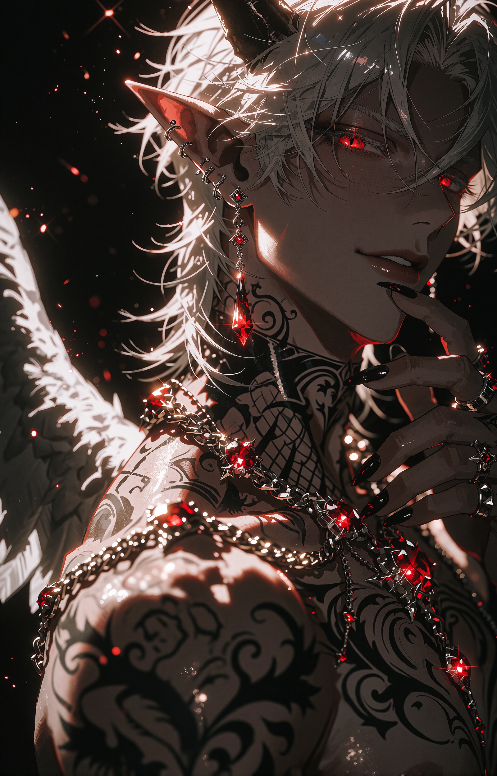 A dark fantasy anime portrait of a handsome dark-skinned demon-elf man with long,  messy silver-white hair,  glowing crims...