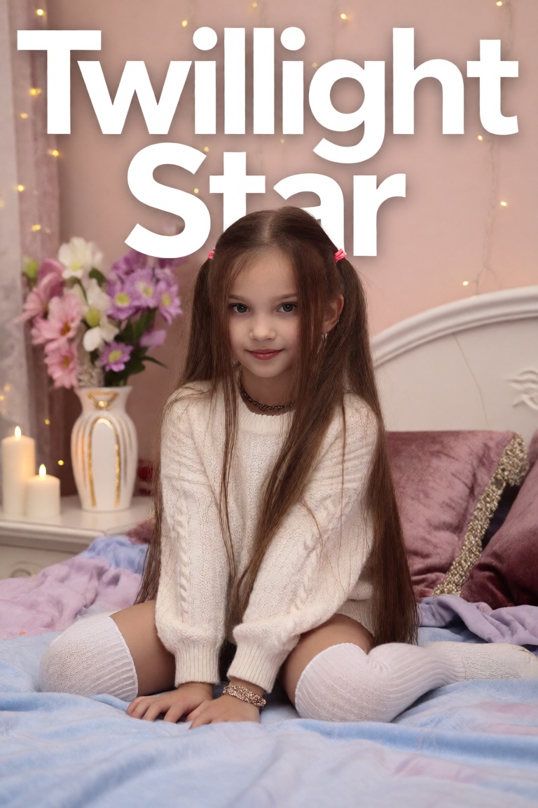 A photorealistic glossy magazine cover featuring a girl sitting on a pastel-colored bed in a dreamy bedroom,  smiling soft...