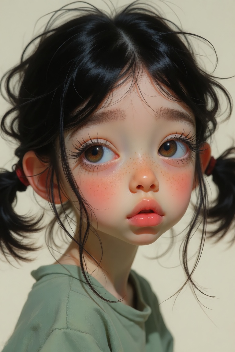 Create a whimsical,  expressive digital portrait of a girl in a hyperrealistic style. She has black,  slightly messy pigta...