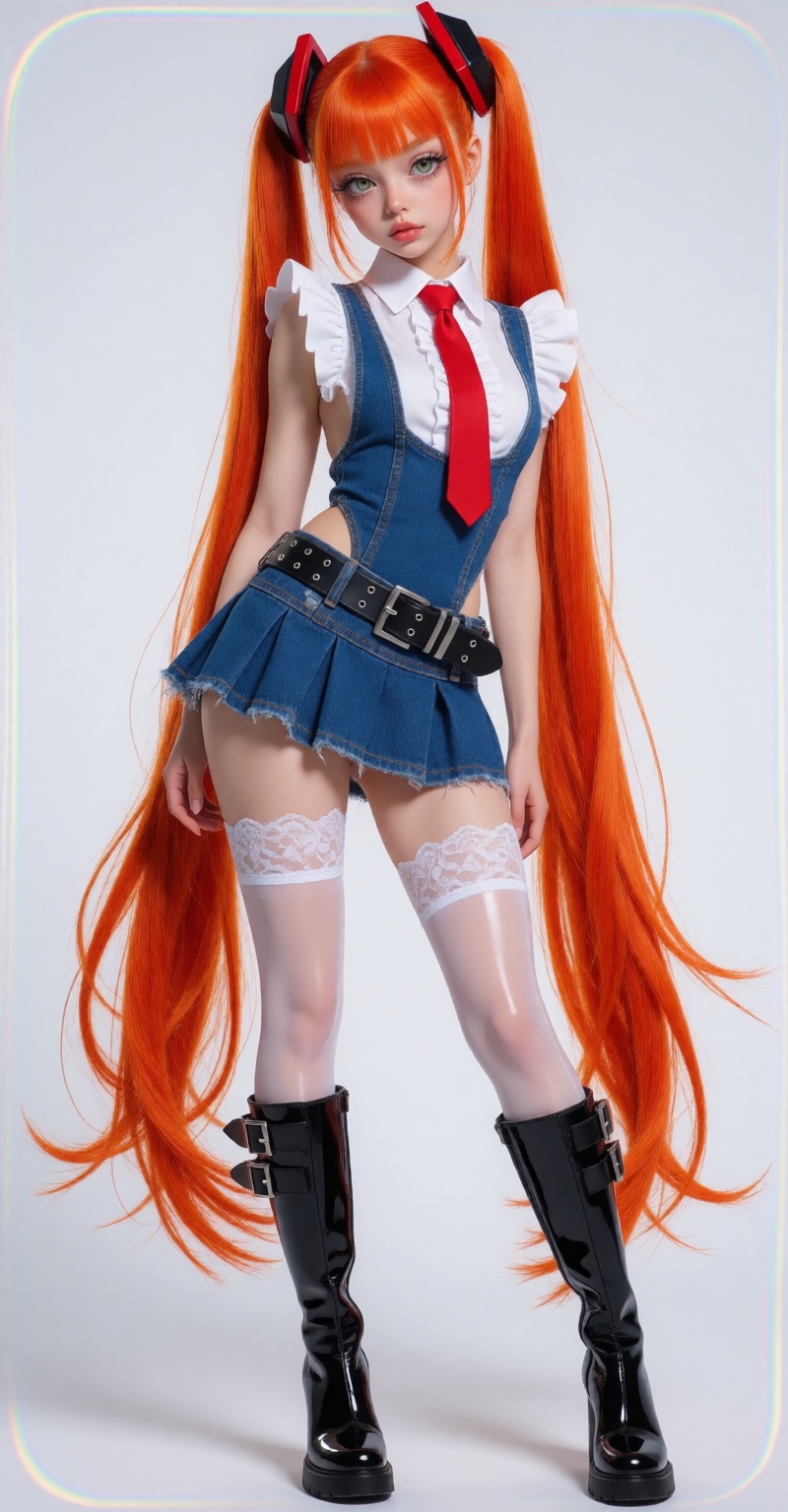 A 4K ultra-realistic fine-art full-body portrait of an enchanting ***** woman as a modern anime-pop cyber muse with a pure...