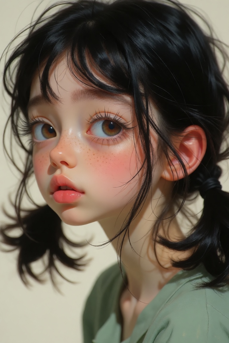 Create a whimsical,  expressive digital portrait of a young woman in a hyperrealistic style. She has black,  slightly mess...