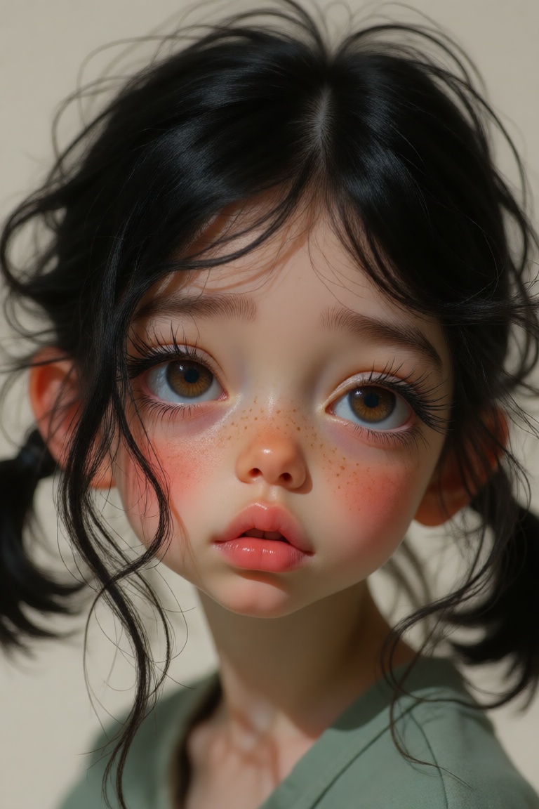 Create a whimsical,  expressive digital portrait of a girl in a hyperrealistic style. She has black,  slightly messy pigta...