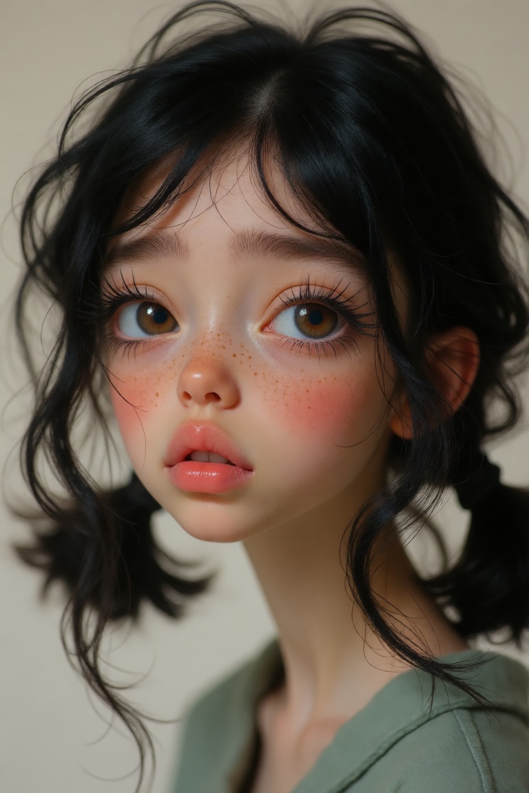 Create a whimsical,  expressive digital portrait of a young woman in a hyperrealistic style. She has black,  slightly mess...