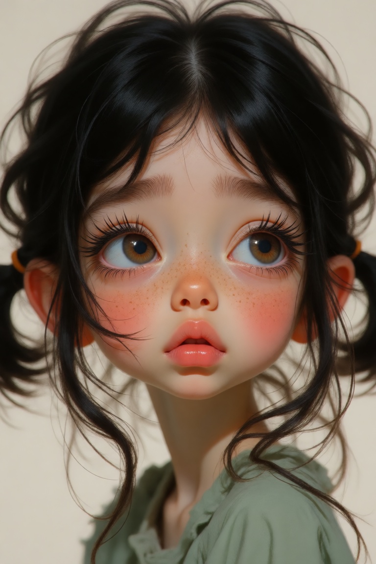 Create a whimsical,  expressive digital portrait of a girl in a hyperrealistic style. She has black,  slightly messy pigta...